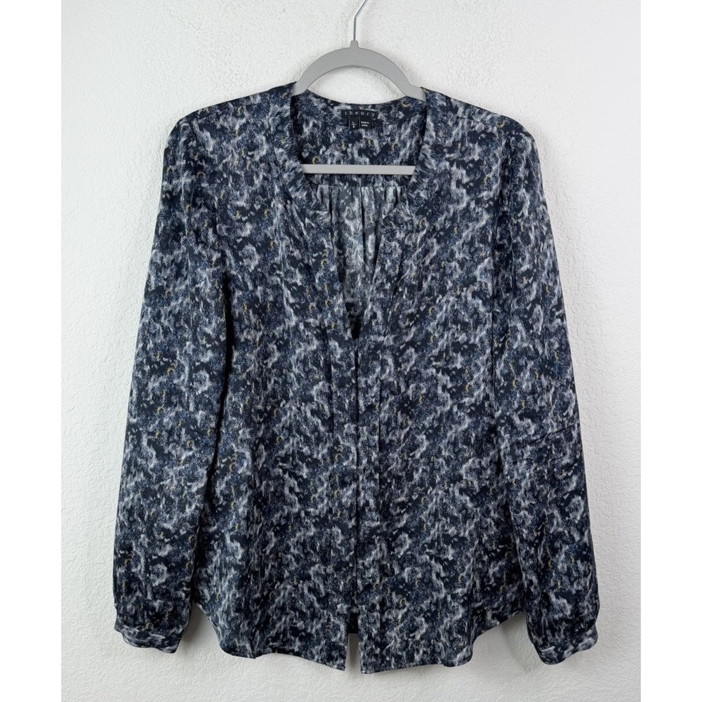 Theory 100% Silk Blouse Top Sz L Blue Abstract Print Long Sleeve V Neck Office